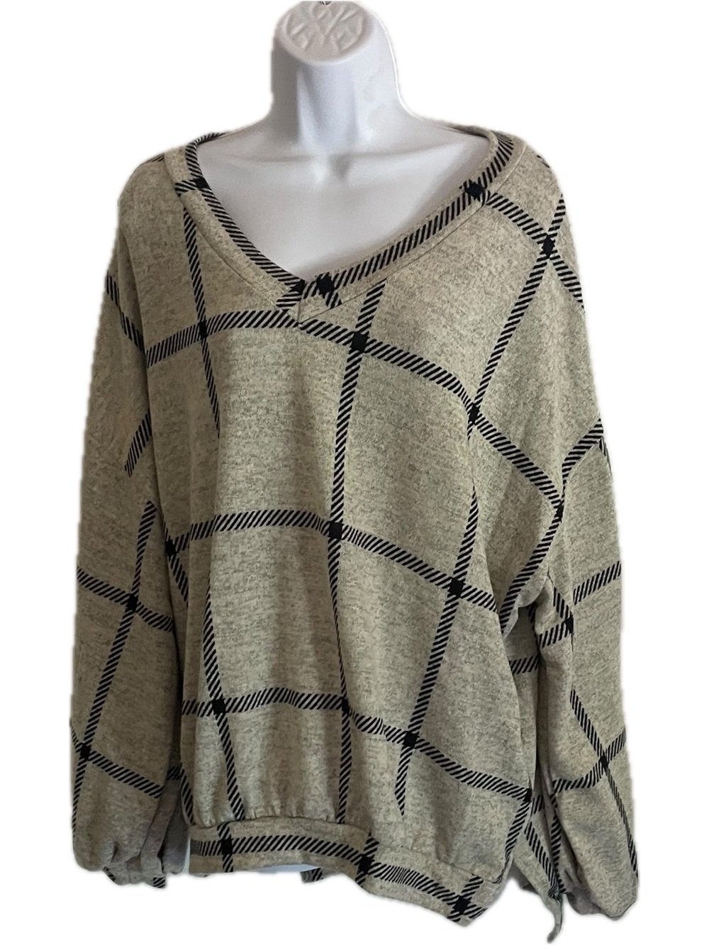 Fantastic Fawn Gray Windowpane V-Neck Pullover with Black Grid